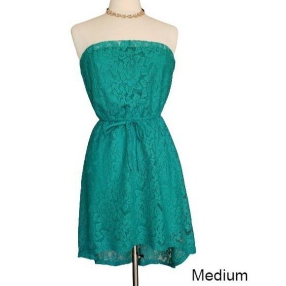 Women's Strapless Dress Lace Hollow Out Sexy High Low Mini Teal Dress Medium NWO - Picture 1 of 9